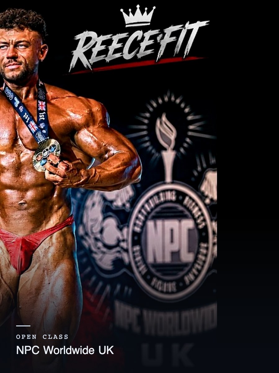 Reece Pearson posing on an NPC Worldwide UK stage under his own ReeceFit banner, 3 of 4
